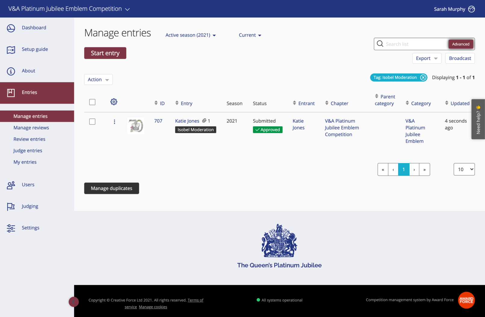 V&A Platinum Jubilee Emblem website dashboard
